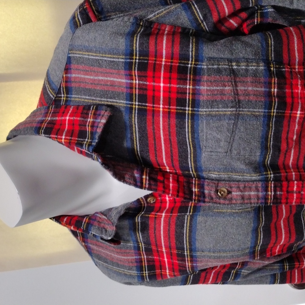 J. Crew mens red, blue and yellow plaid flannel shirt on gray. Large slim